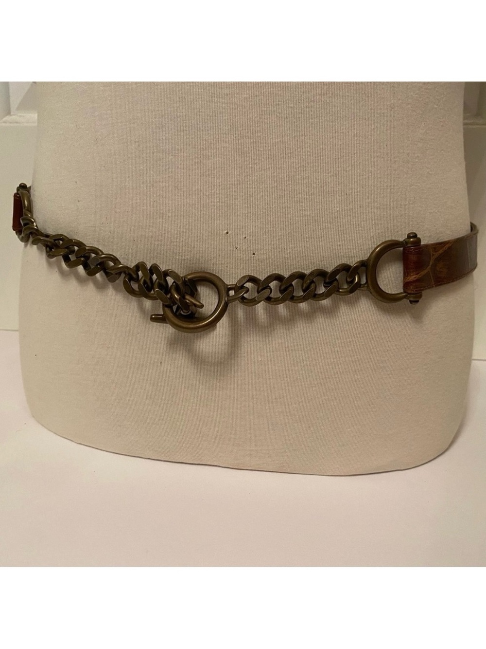 SUZI OHER BELT BROWN LEATHER GOLD FOIL EFFECT CROC LOOK CHUNKY BRONZE CHAIN L